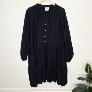 The Lullaby Club Avalon Smock Jett Black Oversized Fit Tiered Mini Dress L/XL